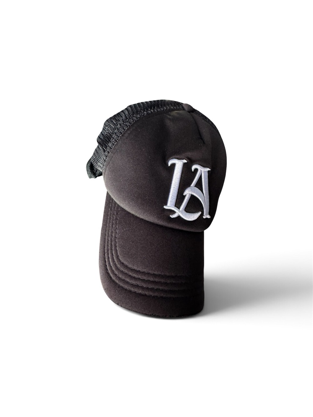 YOUNGLA Black Trucker Hat with White 'LA' Embroidery